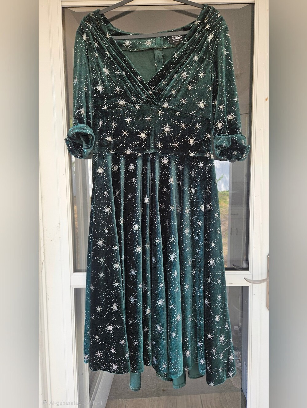 Unique Vintage Delores Velvet Celestial Swing Dress Green Silver Stars XL 14 - Picture 3 of 14